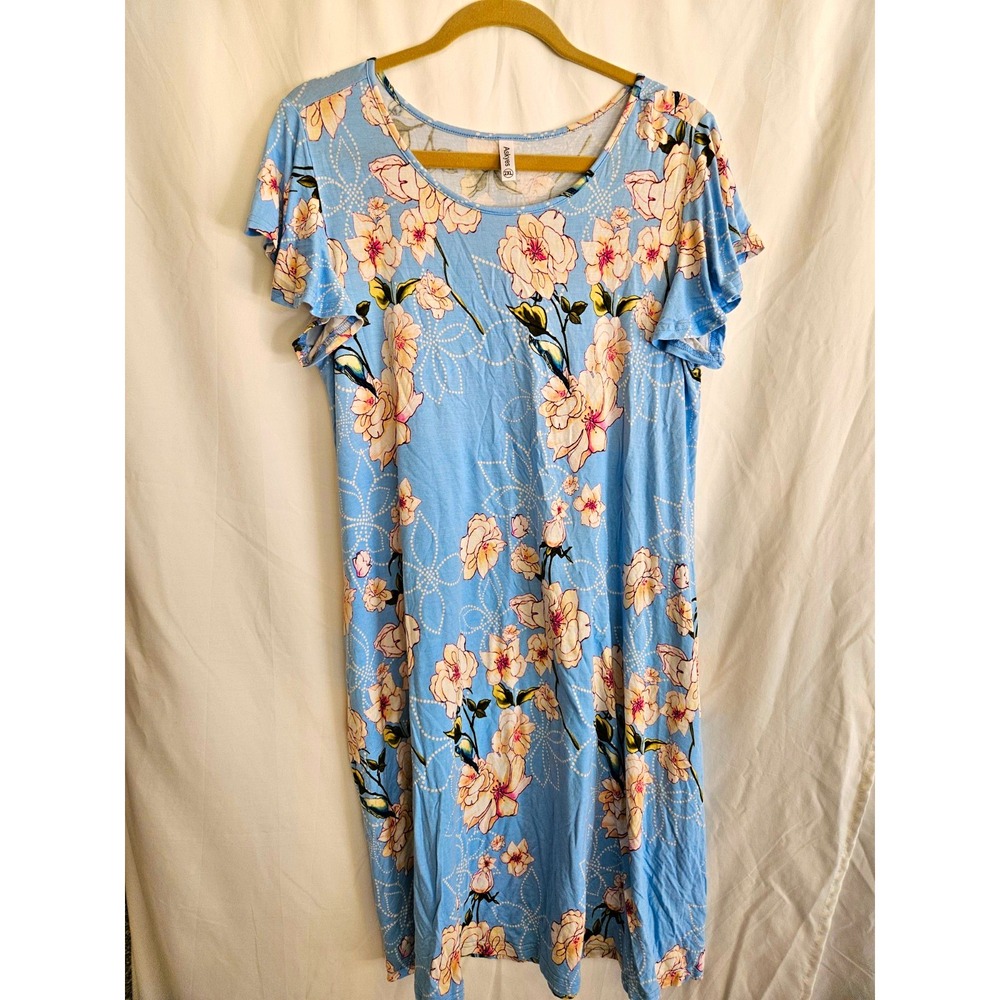 Askyes Women’s Plus 2XL Blue Floral Knit Nightgown Short Sleeve w/pockets